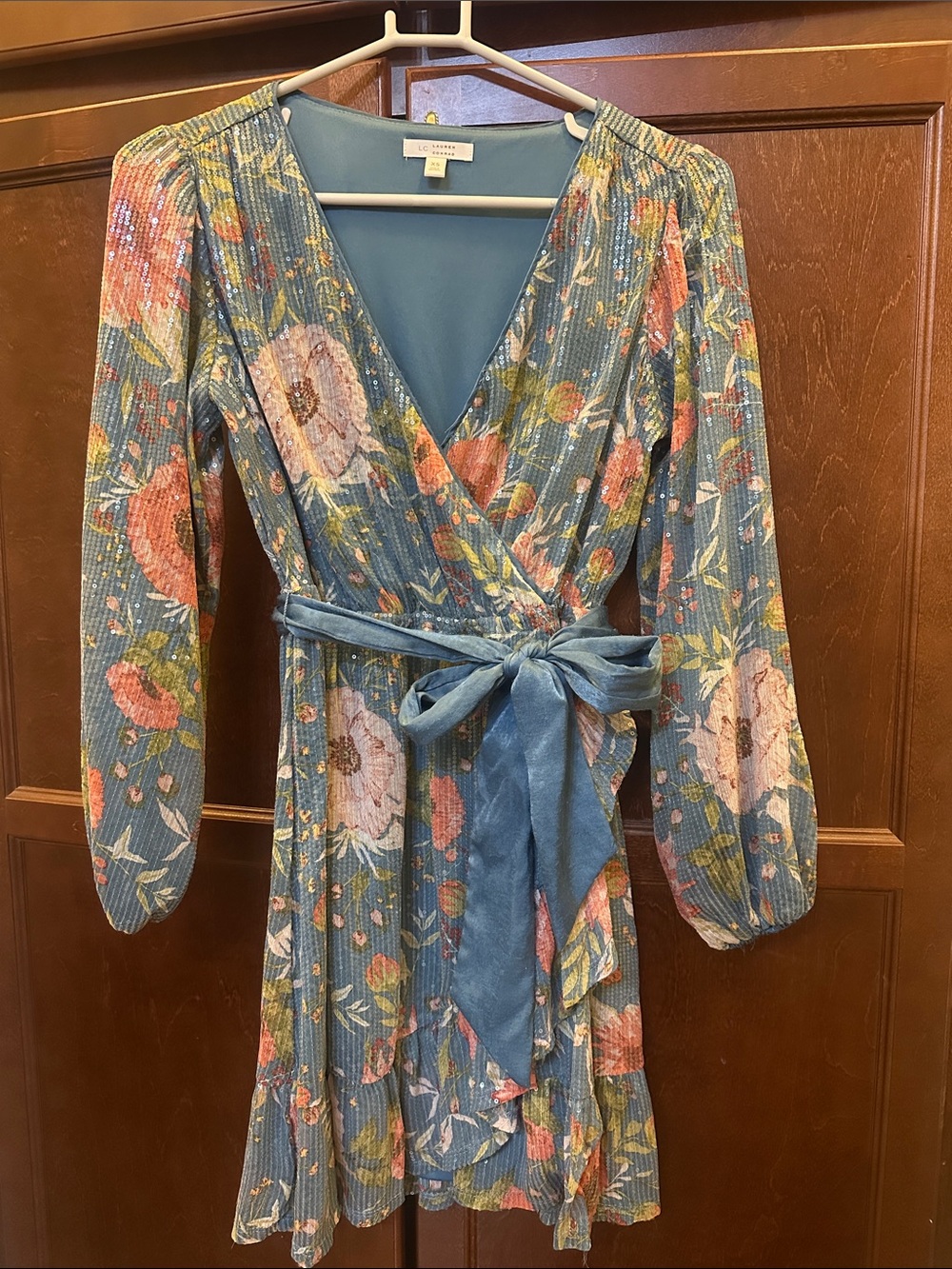 LC Lauren Conrad Blue Floral Wrap Midi Dress with Belt